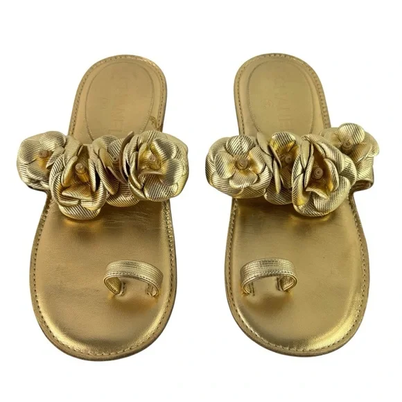 CHANEL Gold Leather Camellia Flower Toe Ring Sandals Made in Italy 36C - 6US - Picture 4 of 14